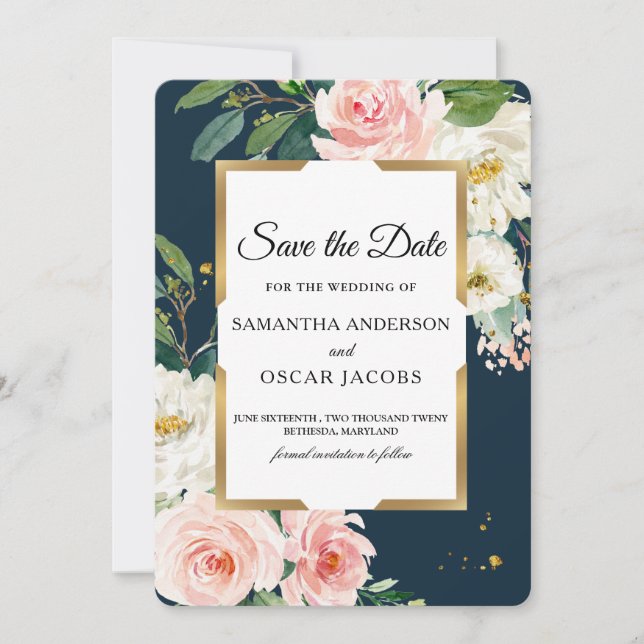 Save The Date Navy élégant et floral rose pâle (Devant)