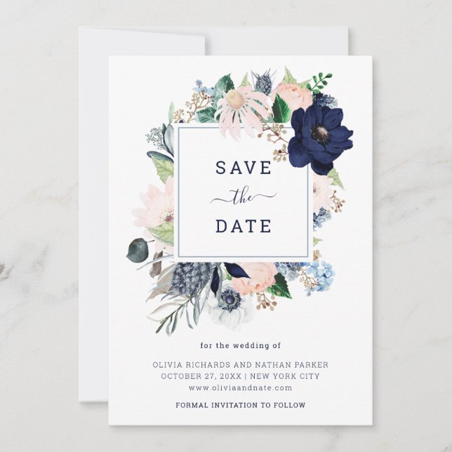 Save The Date Navy Floral et Rayures Maritimes | (Devant)