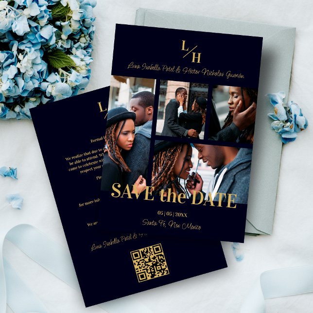 Save The Date Navy & Gold Simple Classic 4 Multi Photos Collage (Navy Blue & Fake Gold Simple Classic 4 Multi Photos Collage Save the Date Card with Envelope. )