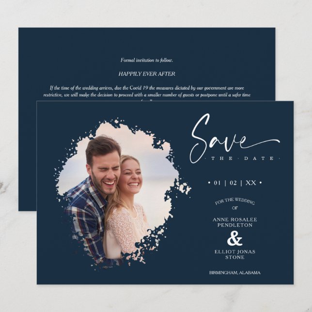 Save The Date Navy Modern Grunge Ink Effect Photo Engaged Couple (Devant / Derrière)