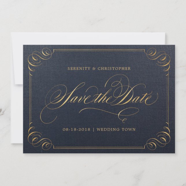 Save The Date Navy or élégante calligraphie enregistrer la date (Devant)