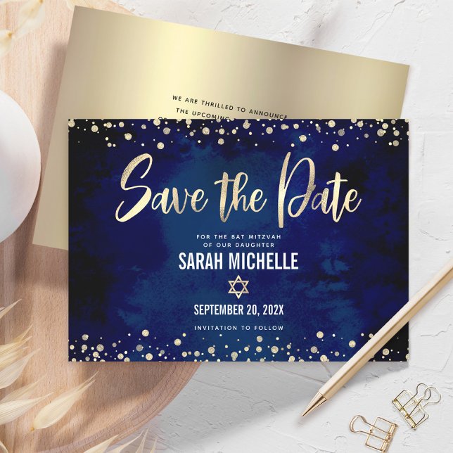 Save The Date Navy Or Glitter Bat Mitzvah Écriture Moderne Gras (Créateur téléchargé)