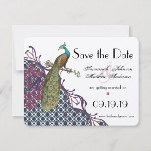 Save The Date Navy & Very Berry Élégant Damassé Paon Mariage