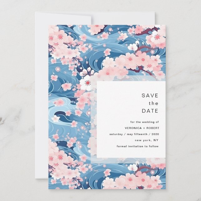 Save The Date Navy Waves Sakura Blossom Modern Wedding (Devant)