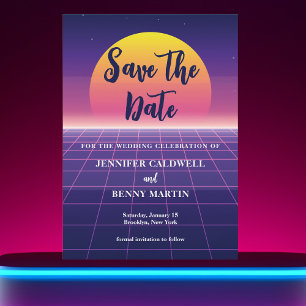 Save The Date Neon 80s Purple Synthwave Sunset Rock Star