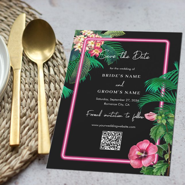 Save The Date Neon Pink Tropical Retro Botanical Mariage (Neon Pink Tropical Retro Botanicals Wedding Save The Date)