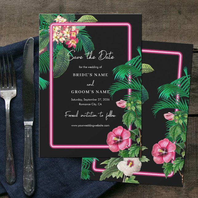 Save The Date Neon Pink Tropical Retro Botanical Mariage (Neon Pink Tropical Retro Botanicals Wedding Save The Date)