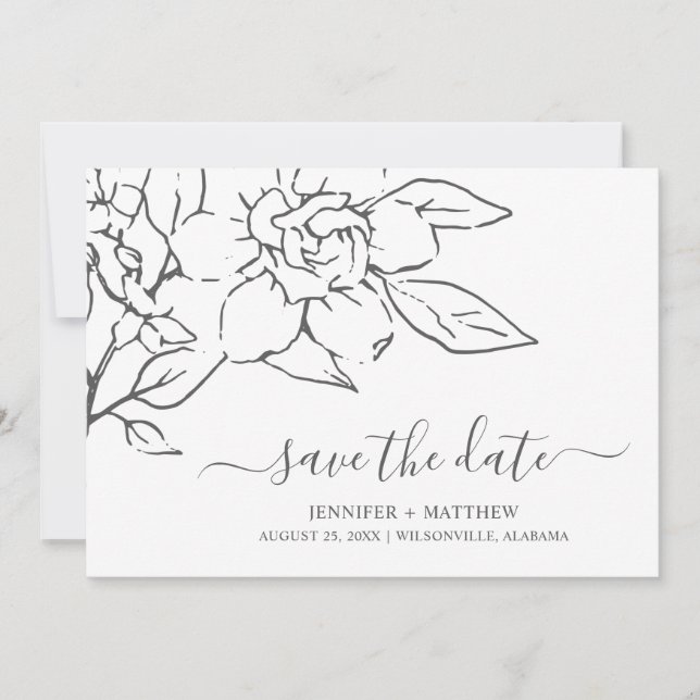 Save The Date Neutral Line Art Floral Mariage élégant (Devant)