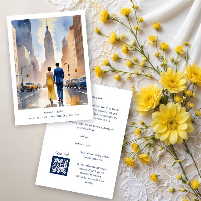 Save The Date New York Iconic Building Cute Cityscape Wedding (New York Iconic Building Colorful Cityscape Wedding Couple Illustration Save the Dates Cards. )