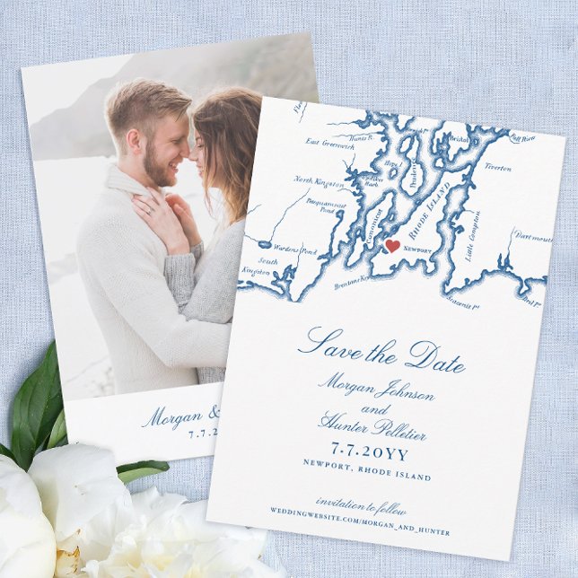 Save The Date Newport Rhode Island Elegant Mariage bleu marine (Newport RI Map Wedding Save the Date with Photo in elegant navy blue from Coastal Map Designs)