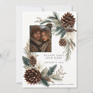 Save The Date Noces d'hiver Cônes de pin Aiguilles de pin