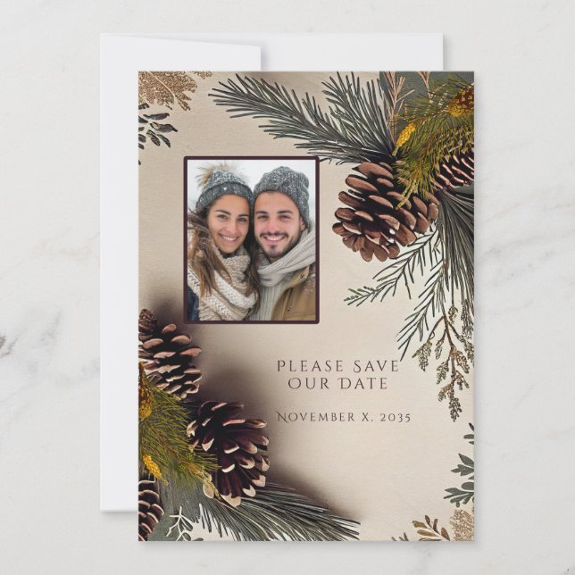 Save The Date Noces d'hiver Cônes de pin Aiguilles de pin (Devant)