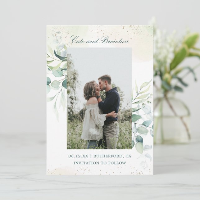Save The Date Noces Élégantes avec Eucalyptus Rustique (Debout devant)