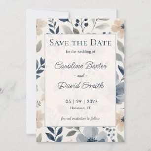 Save The Date Noces Fleurales Aquarelle Bleue et Crème