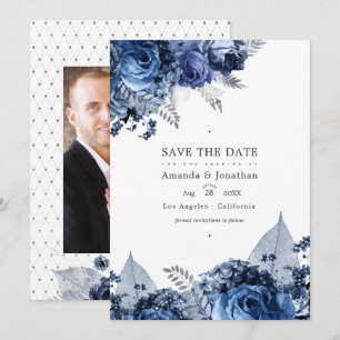Save The Date Noces Navy et Blanc avec Feuille d'Argent