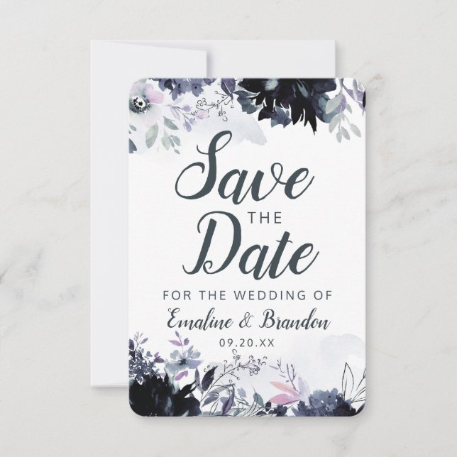 Save The Date Nocturne Floral Navy Dusty Blue Brush Strokes (Devant)