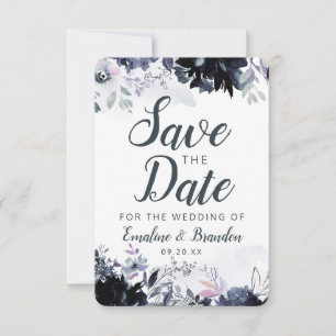 Save The Date Nocturne Floral Navy Dusty Blue Brush Strokes