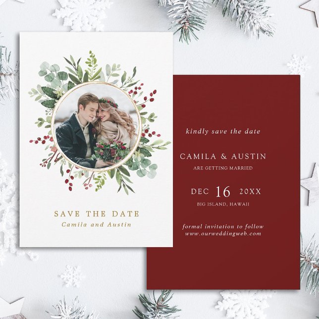 Save The Date Noël botanique Mariage d'hiver Gold Photo (Front & Back)