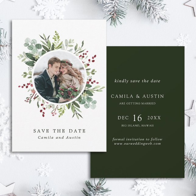 Save The Date Noël botanique Mariage d'hiver Photo verte (Front & Back)