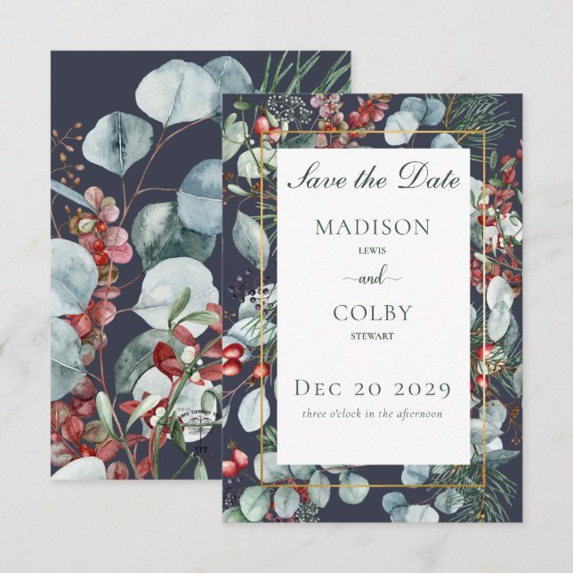 Save The Date Noël d'hiver Verdure Mariage de la Marine (Devant / Derrière)