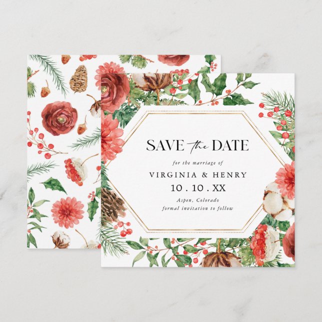 Save The Date Noël Floral Fêtes (Devant / Derrière)