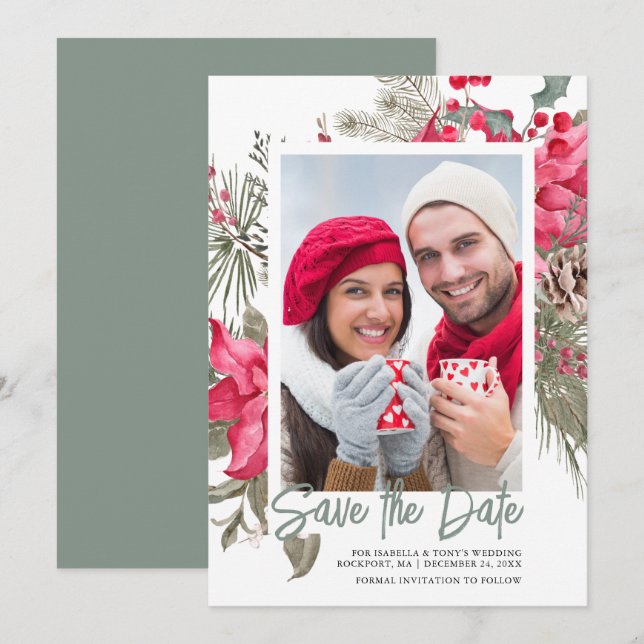 Save The Date Noël Poinsettia Rouge Floral Vignon Pin (Devant / Derrière)