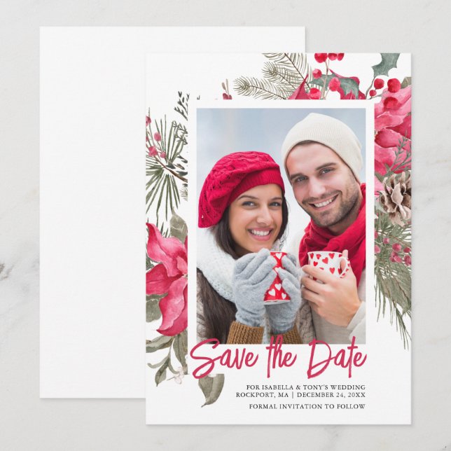 Save The Date Noël Poinsettia Rouge Floral Vignon Pin (Devant / Derrière)