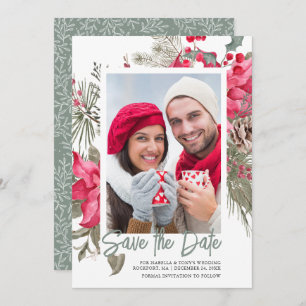 Save The Date Noël Poinsettia Rouge Floral Vignon Pin
