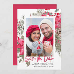 Save The Date Noël Poinsettia Rouge Floral Vignon Pin