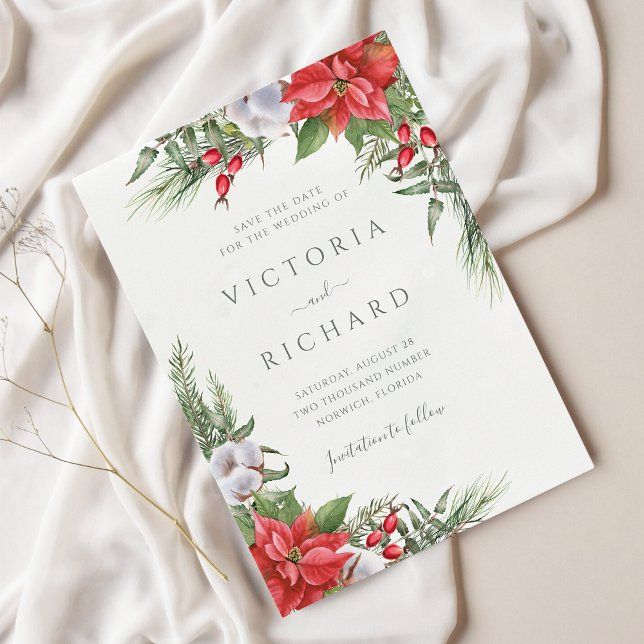 Save The Date Noël Poinsettia Végétation d'hiver Botanique (Créateur téléchargé)