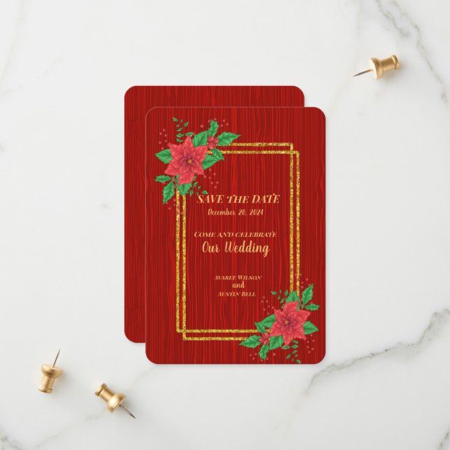 Save The Date Noël Rouge Poinsettia Gold Frame Mariage (Devant/Arrière en situation)