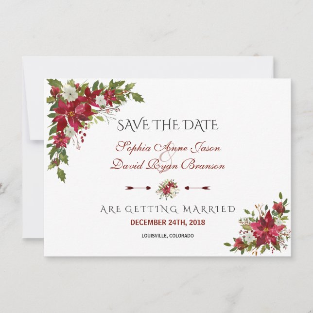 Save The Date Noël Rouge Poinsettia Mariage Enregistrer La Date (Devant)