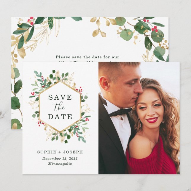 Save The Date Noël Vert doré sur blanc | Photo (Devant / Derrière)