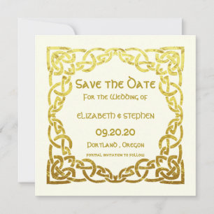 Save The Date Nœud Celtique Élégant de Mariage Ivoire Faux Or Ce
