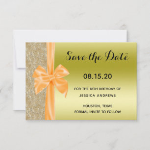 Save The Date Nœud en soie orange paillettes dorées 18ème annive