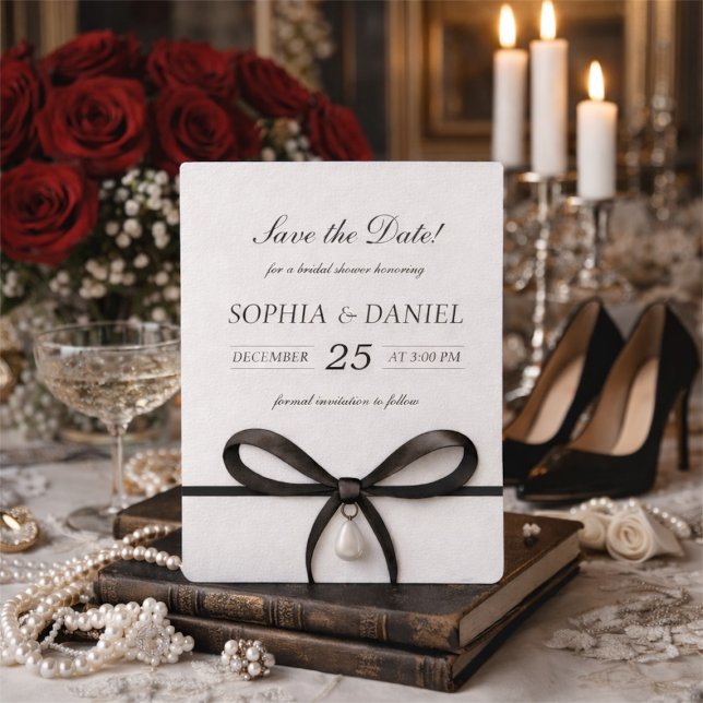 Save The Date Noeud papillon noir avec perle, style Old Money po (Black Bow With Pearl Old Money Style Bridal Shower Save The Date)