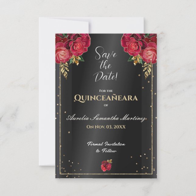 Save The Date Noir avec Roses Rouges Quinceañera Enregistrer la  (Devant)