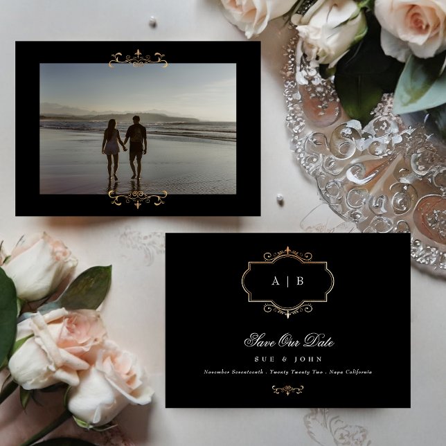 Save The Date noir blanc classique photo or monogramme mariage (Créateur téléchargé)