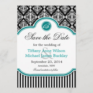 Save The Date Noir blanc damassé bleu turquoise mariage enregist