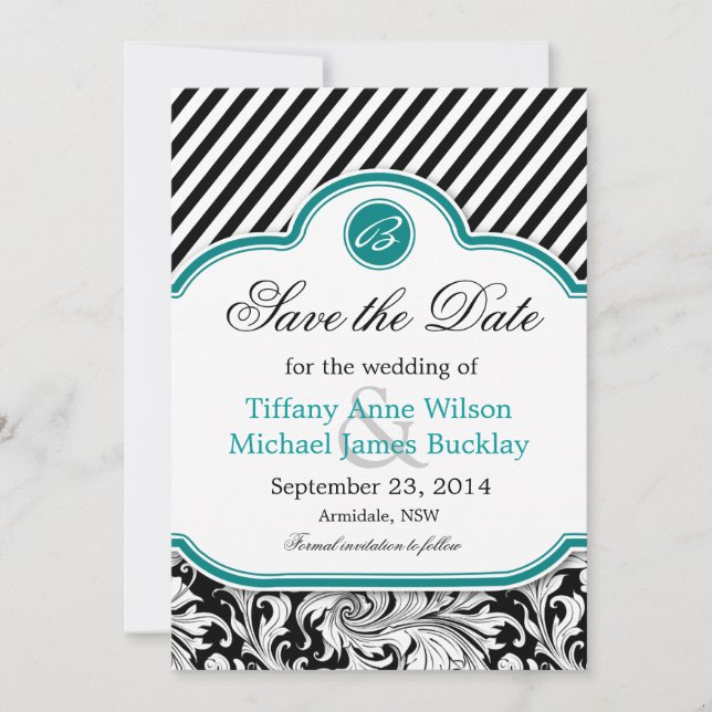 Save The Date Noir blanc damassé bleu turquoise mariage enregist (Devant)