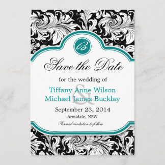 Save The Date Noir blanc damassé bleu turquoise mariage enregist