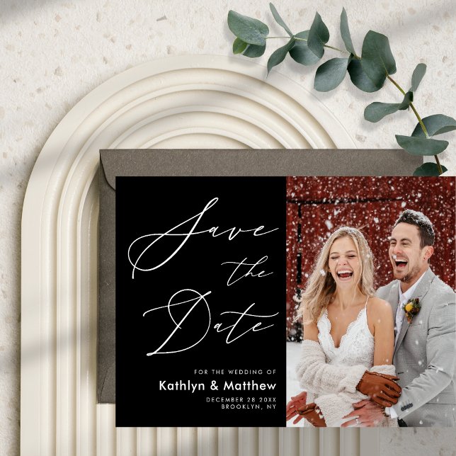 Save The Date Noir Blanc Élégant Script Mariage photo moderne (Créateur téléchargé)