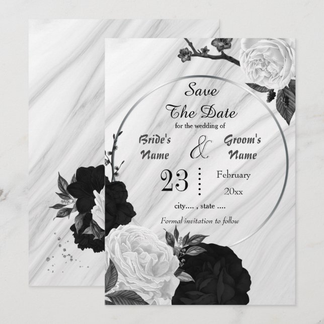 Save The Date noir blanc fleurs gris feuille marbre géométrique (Devant / Derrière)