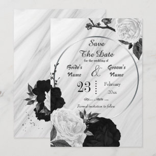 Save The Date noir blanc fleurs gris feuille marbre géométrique