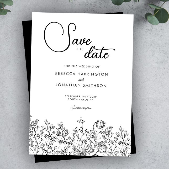 Save The Date Noir Blanc Floral Élégant Mariage Enregistrer La D (Créateur téléchargé)