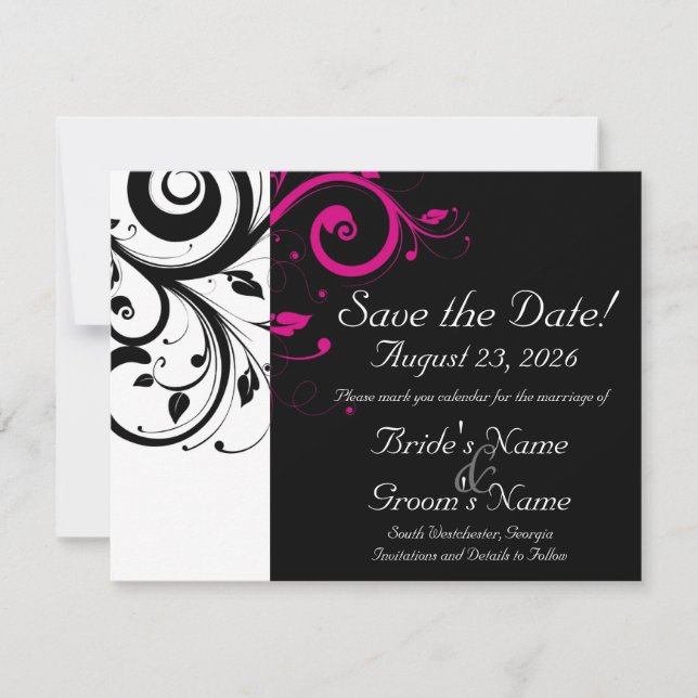 Save The Date Noir, Blanc, Fuchsia Mariage à la torse Sauvez la  (Devant)