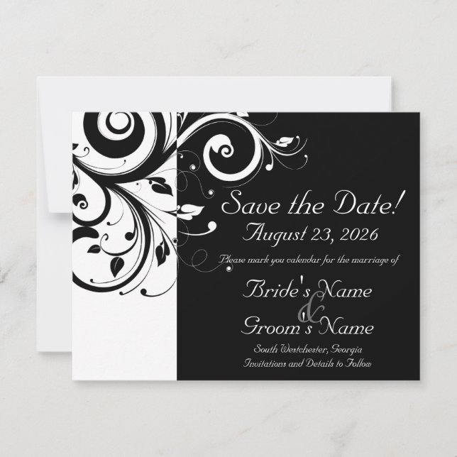 Save The Date Noir +Blanc Reverse Swirl Wedding Enregistrer la d (Devant)