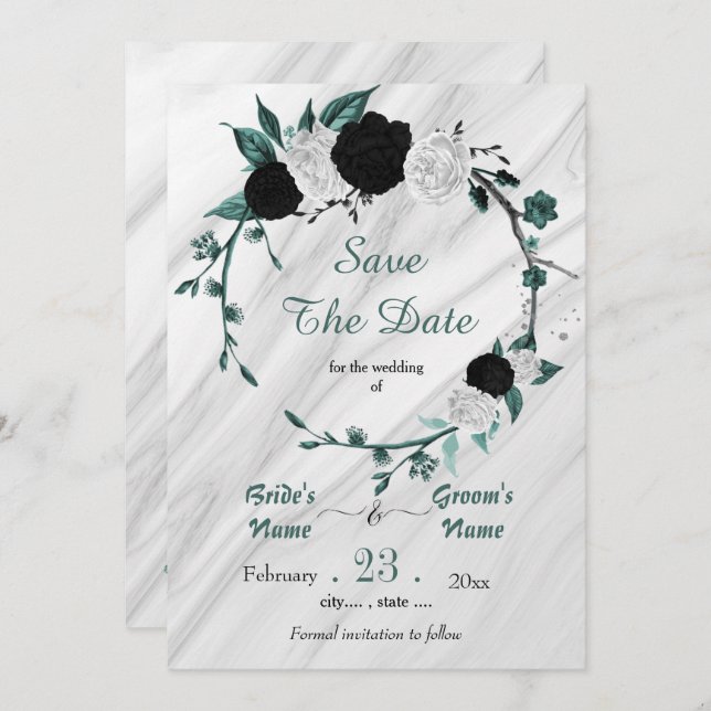 Save The Date noir blanc turquoise argent couronnes marbre (Devant / Derrière)