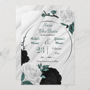 Save The Date noir blanc turquoise floral argent marbre géométri