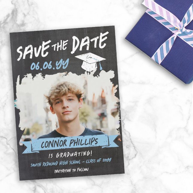 Save The Date Noir Bleu Cool Craie Photo Diplômé (Créateur téléchargé)